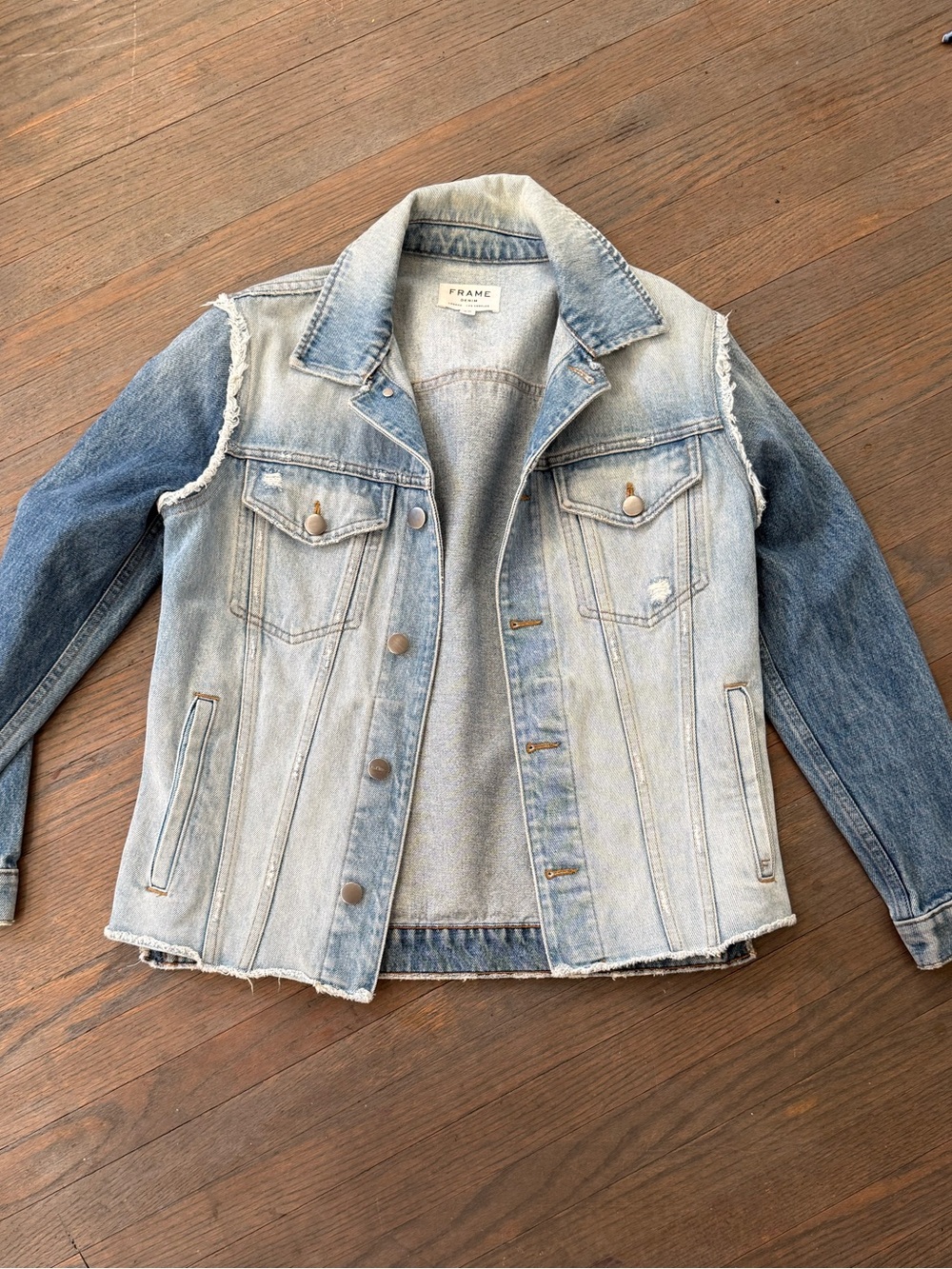 Frame Denim Two-Tone Blue Jean Jacket with Frayed Trim